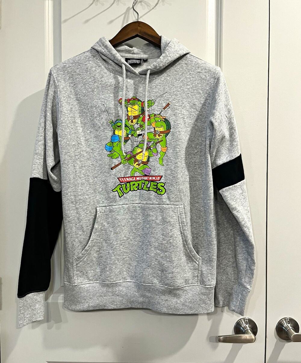Nickelodeon TMNT Men's Gray Fleece Pullover Hoodie Graphic Logo Pockets S 0005